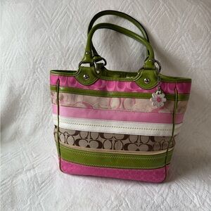 Coach Pink and Green Striped Tote